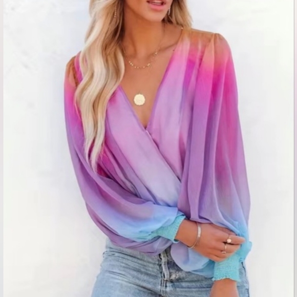 Pink Blue Ombre Gradient Balloon Sleeve Crossover Blouse Top NWOT - Picture 2 of 8